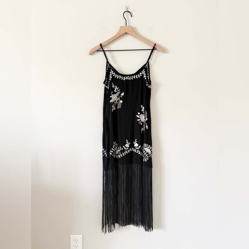 Nasty Gal Black Mini Dress with White Floral Embroidery & Fringe - Picture 6 of 6